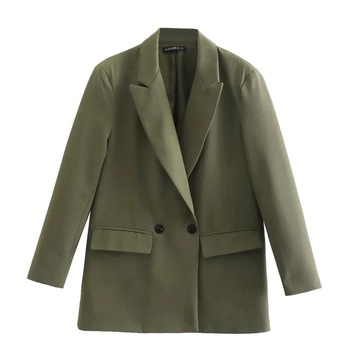 Professional double-breasted women's blazer, perfect for sophisticated work fashion.