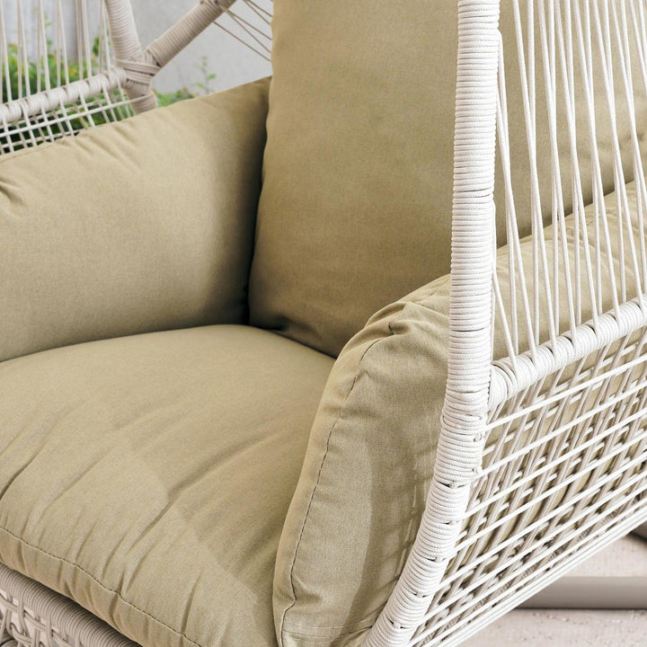 Durable cream outdoor egg swing chair featuring a strong steel frame for garden comfort.