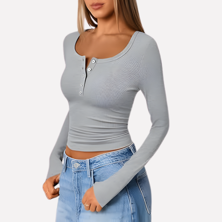 Casual women's ribbed long sleeve henley shirt, a button-up design suitable for everyday comfort.