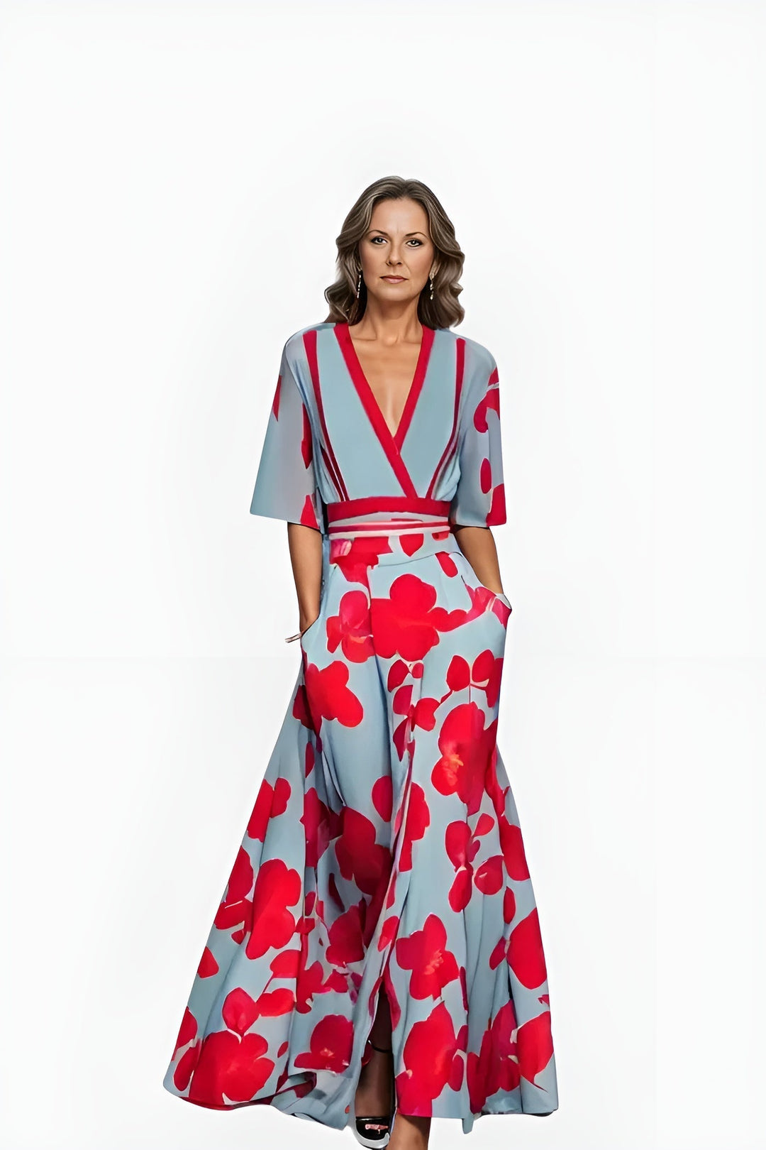 Chic women's floral wrap dress with a flattering fit, ideal for comfortable and versatile spring/summer fashion.