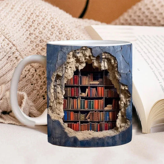 3D Bookshelf Mug ceramic coffee cup, bookshelf-themed design, colorful and unique for book lovers, perfect for home or office