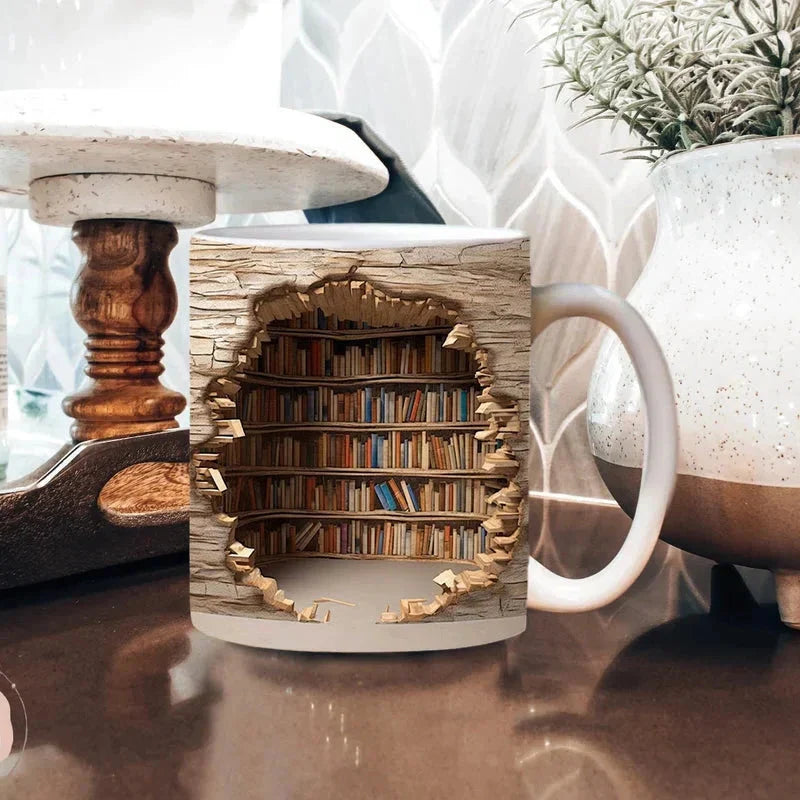 3D Bookshelf Mug ceramic coffee cup, bookshelf-themed design, colorful and unique for book lovers, perfect for home or office