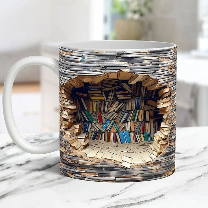 3D Bookshelf Mug ceramic coffee cup, bookshelf-themed design, colorful and unique for book lovers, perfect for home or office