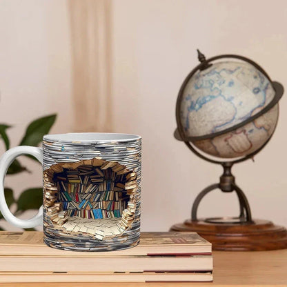 3D Bookshelf Mug ceramic coffee cup, bookshelf-themed design, colorful and unique for book lovers, perfect for home or office
