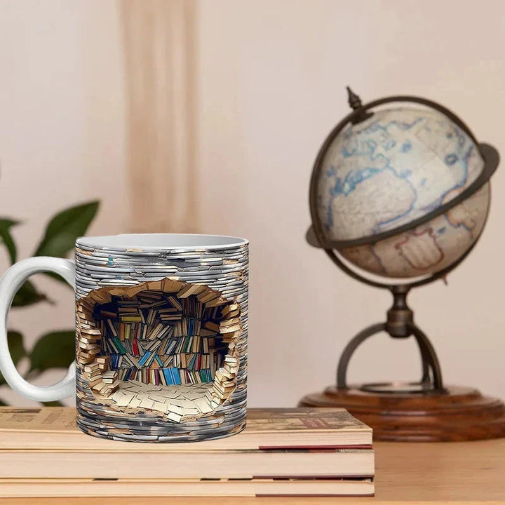 3D Bookshelf Mug ceramic coffee cup, bookshelf-themed design, colorful and unique for book lovers, perfect for home or office