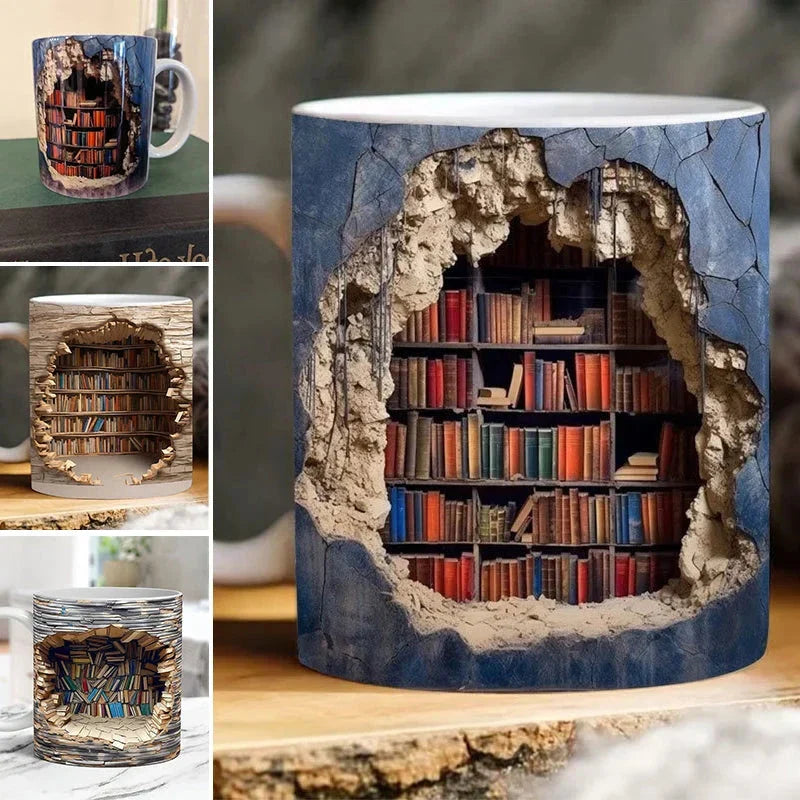 3D Bookshelf Mug ceramic coffee cup, bookshelf-themed design, colorful and unique for book lovers, perfect for home or office