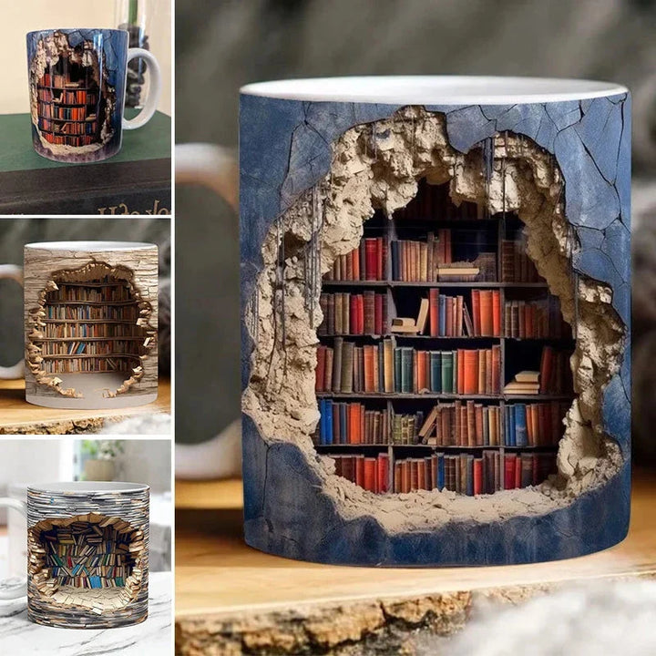 3D Bookshelf Mug ceramic coffee cup, bookshelf-themed design, colorful and unique for book lovers, perfect for home or office