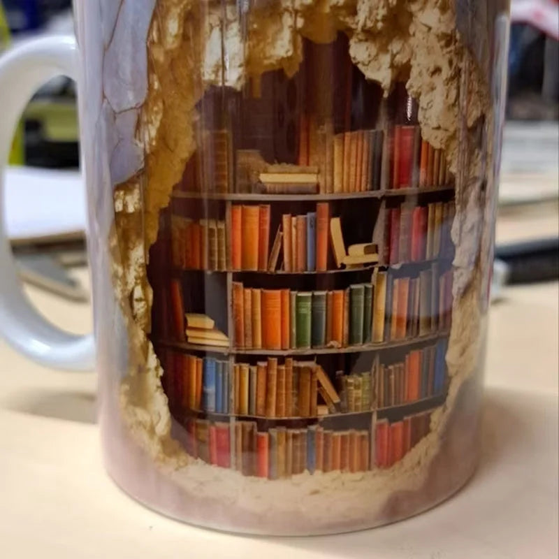 3D Bookshelf Mug ceramic coffee cup, bookshelf-themed design, colorful and unique for book lovers, perfect for home or office