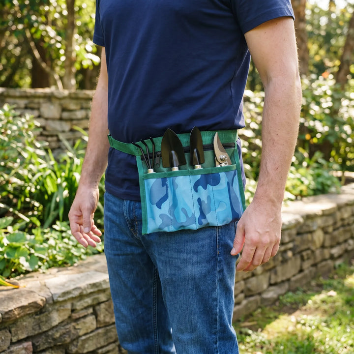 4-piece stainless steel garden tool set with durable waist pouch for planting, pruning, and gardening tasks.
