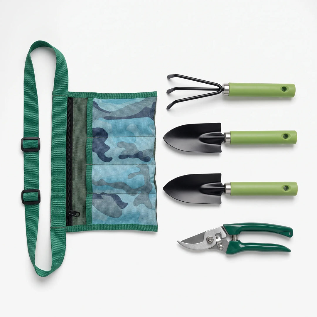 Handheld gardening kit with ergonomic stainless steel tools, perfect for potting, weeding, and small garden jobs.