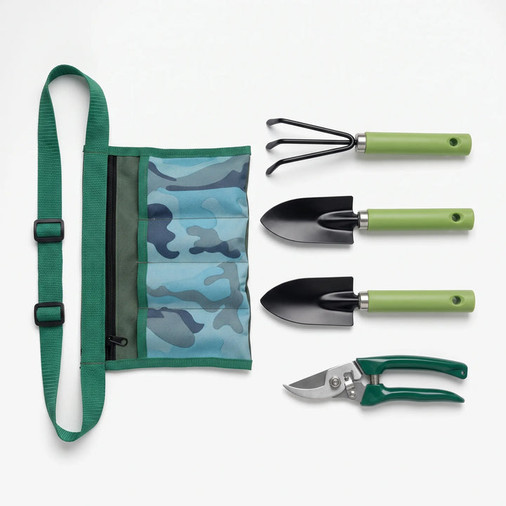 Handheld gardening kit with ergonomic stainless steel tools, perfect for potting, weeding, and small garden jobs.