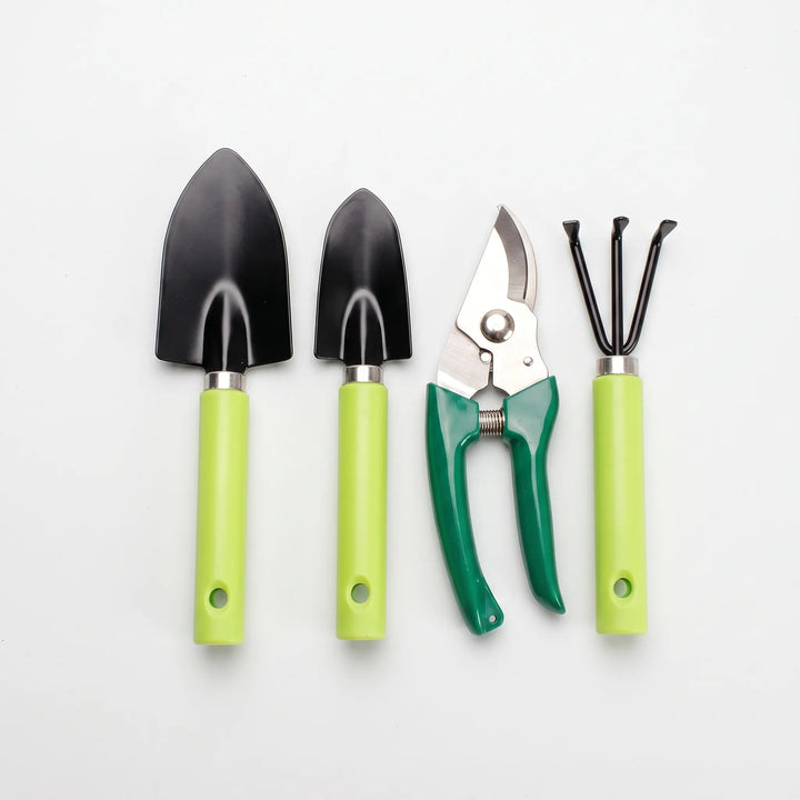 Premium 4-piece handheld garden tool set with stainless steel trowel, cultivator, weeder & pruner.