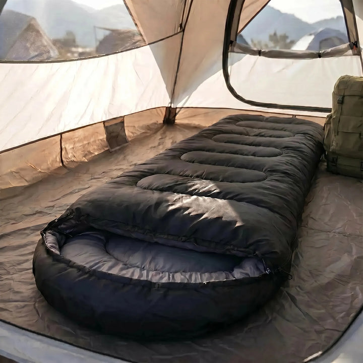 Durable ripstop mummy sleeping bag, ideal for 4-season camping, hiking & outdoor adventures. Essential winter gear.