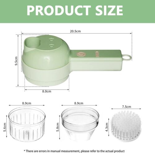 "4 in 1 electric food cutter with stainless steel blades, chops, slices, shreds, grates; compact design for kitchens."