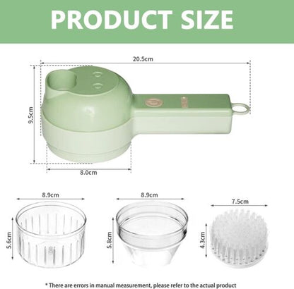 "4 in 1 electric food cutter with stainless steel blades, chops, slices, shreds, grates; compact design for kitchens."