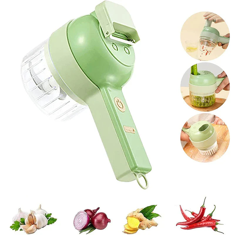 "4 in 1 electric food cutter with stainless steel blades, chops, slices, shreds, grates; compact design for kitchens."