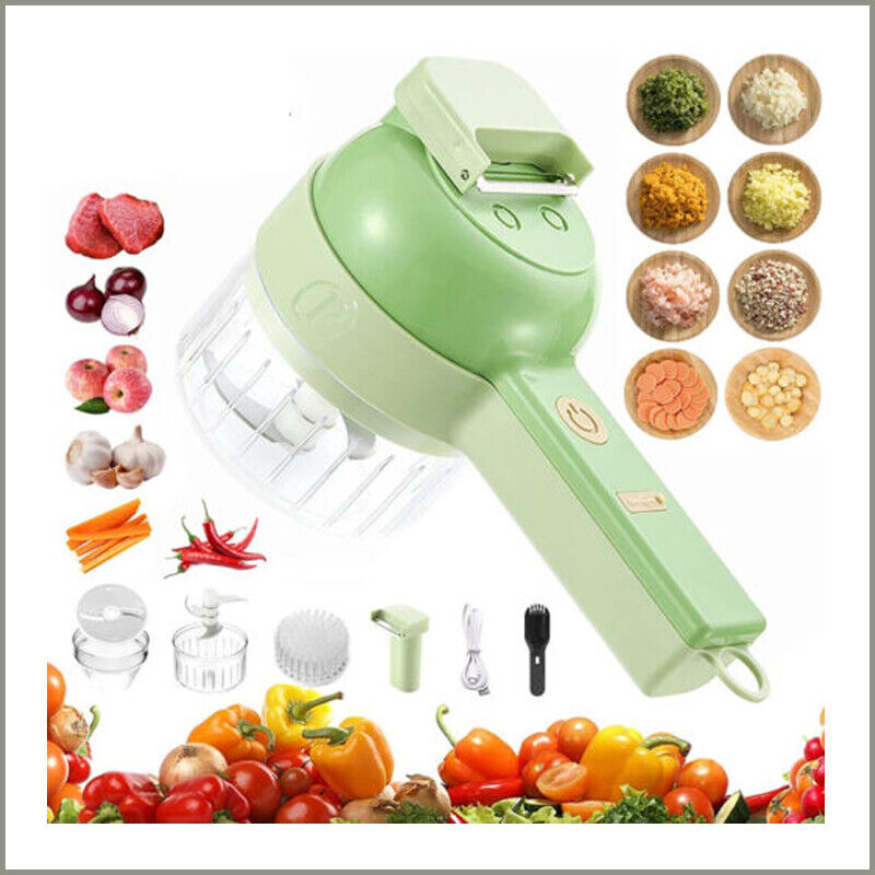 "4 in 1 electric food cutter with stainless steel blades, chops, slices, shreds, grates; compact design for kitchens."