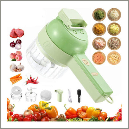 "4 in 1 electric food cutter with stainless steel blades, chops, slices, shreds, grates; compact design for kitchens."