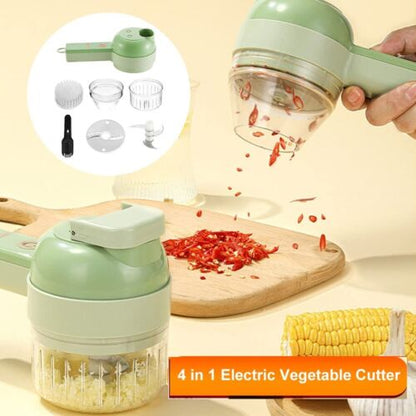 "4 in 1 electric food cutter with stainless steel blades, chops, slices, shreds, grates; compact design for kitchens."