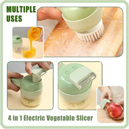 "4 in 1 electric food cutter with stainless steel blades, chops, slices, shreds, grates; compact design for kitchens."