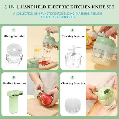 "4 in 1 electric food cutter with stainless steel blades, chops, slices, shreds, grates; compact design for kitchens."