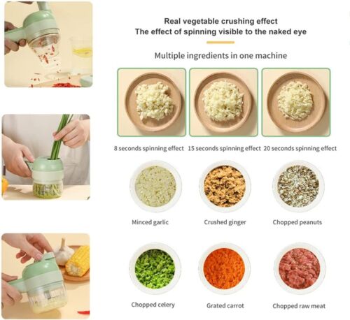 "4 in 1 electric food cutter with stainless steel blades, chops, slices, shreds, grates; compact design for kitchens."