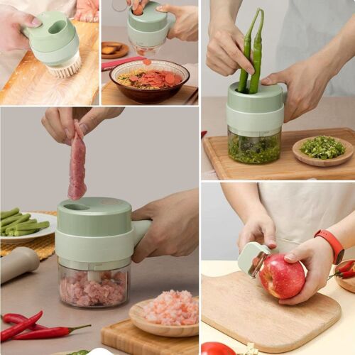 "4 in 1 electric food cutter with stainless steel blades, chops, slices, shreds, grates; compact design for kitchens."