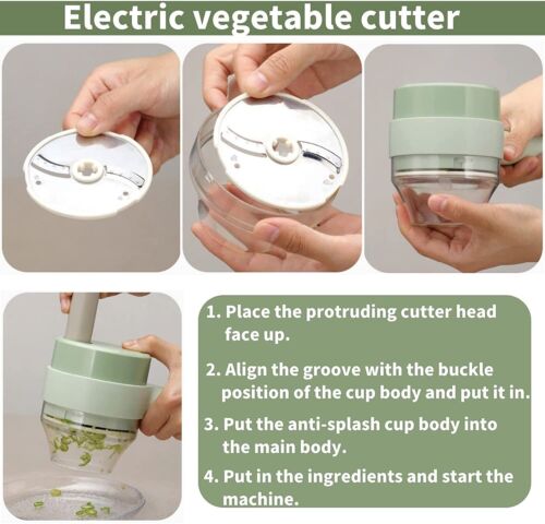 "4 in 1 electric food cutter with stainless steel blades, chops, slices, shreds, grates; compact design for kitchens."