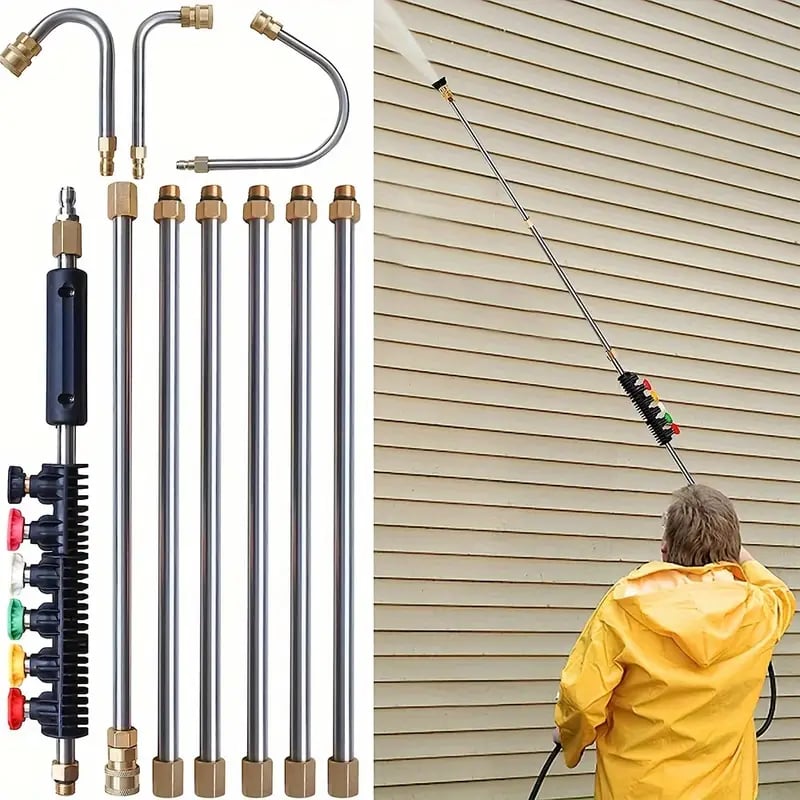 "4000 PSI telescoping high-pressure washer wand with 6 nozzle tips, ideal for gutter cleaning and reaching high areas easily.