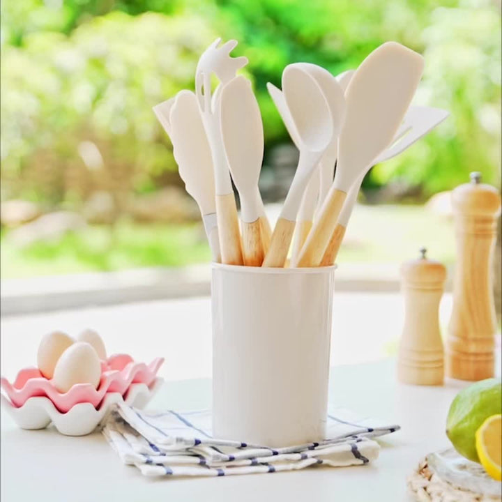 Heat resistant, non-stick 12-piece silicone utensil set for kitchen tasks. Dishwasher safe.