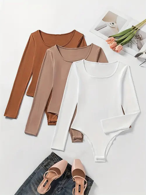 New women's casual long sleeve crew neck bodysuits, 3-pack, offering comfort and style.