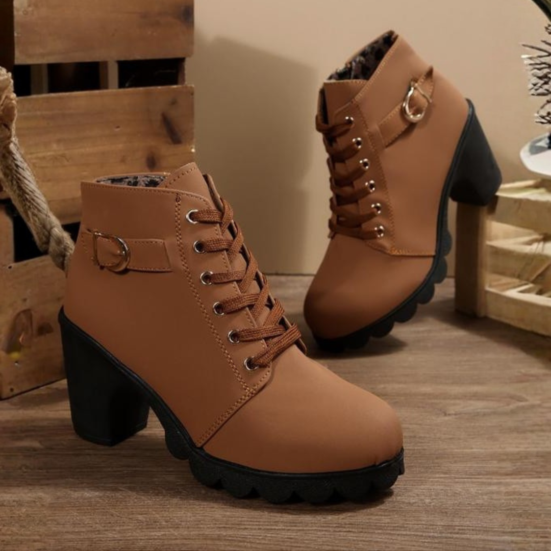 Stylish women's chunky heeled ankle boots, lace-up design for versatile fashion and urban wear.