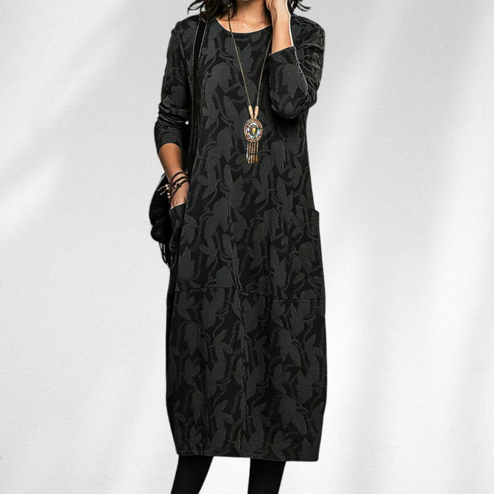 Chic Lenora women's elegant winter dress. Long sleeve crewneck style for versatile wear, from casual to dressy.