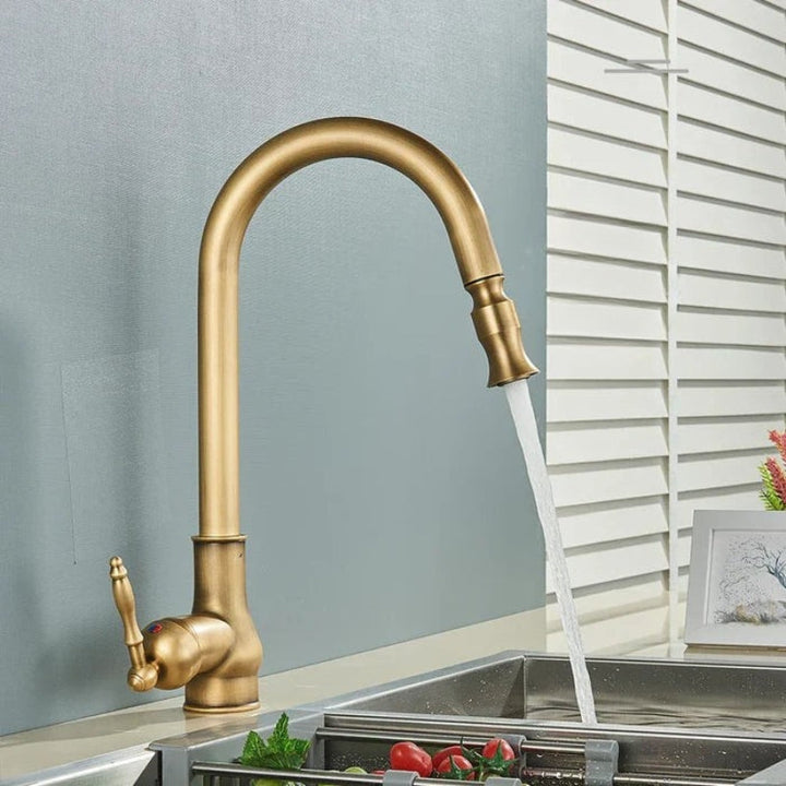 Elegant brass water tap with gold finish. Classic kitchen faucet features a flexible spout for convenience.