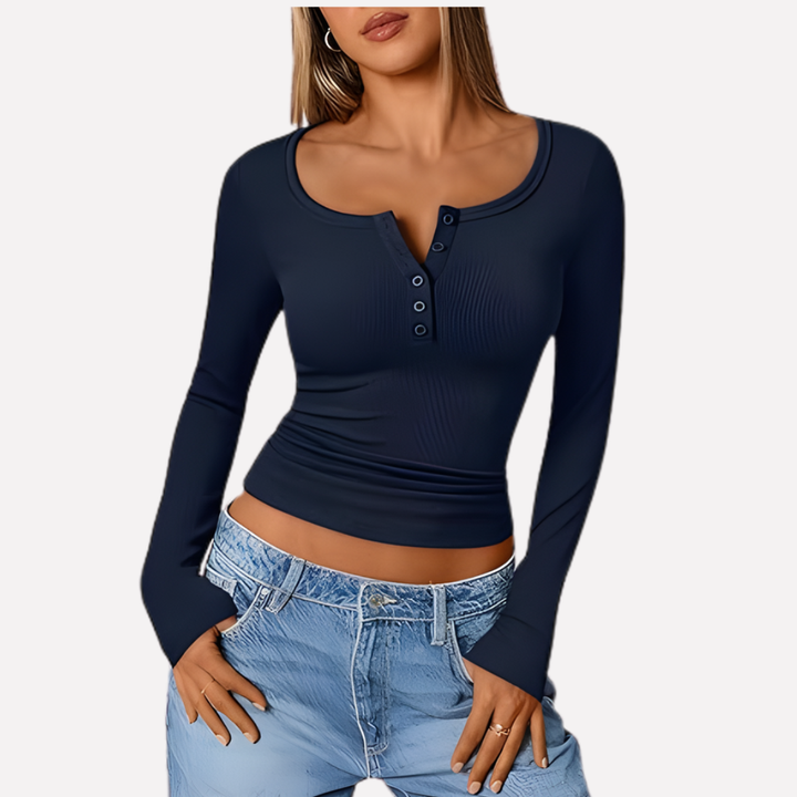 Versatile women's ribbed long sleeve henley top, a cozy choice for layering in winter fashion.