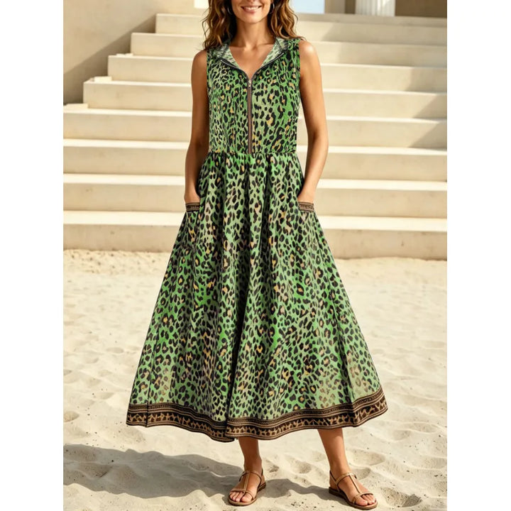 Stylish women's hooded leopard print long dress with convenient side pockets, a comfortable sleeveless summer essential.