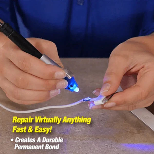 "5 Second Super Glue with pen-like design, UV light technology for precise, quick repairs on glass, metal, wood, plastic."