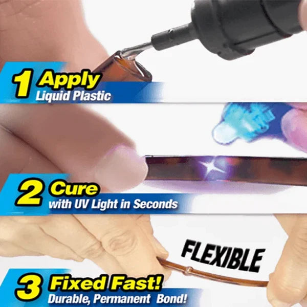 "5 Second Super Glue with pen-like design, UV light technology for precise, quick repairs on glass, metal, wood, plastic."