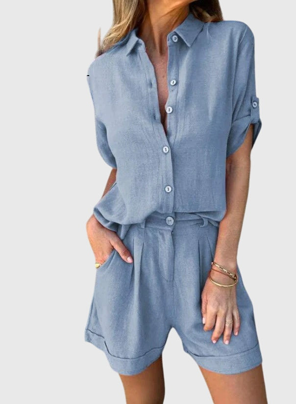Chic women's short sleeve matching shorts set, a comfortable and versatile two piece summer outfit perfect for any day.