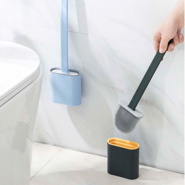 Flexible silicone toilet brush with drip-free holder for hygienic deep cleaning in modern bathrooms.