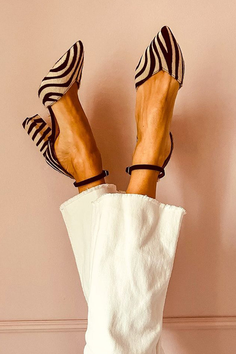 Women's chic zebra print block heel sandals with comfortable ankle strap, perfect for elegant summer fashion.
