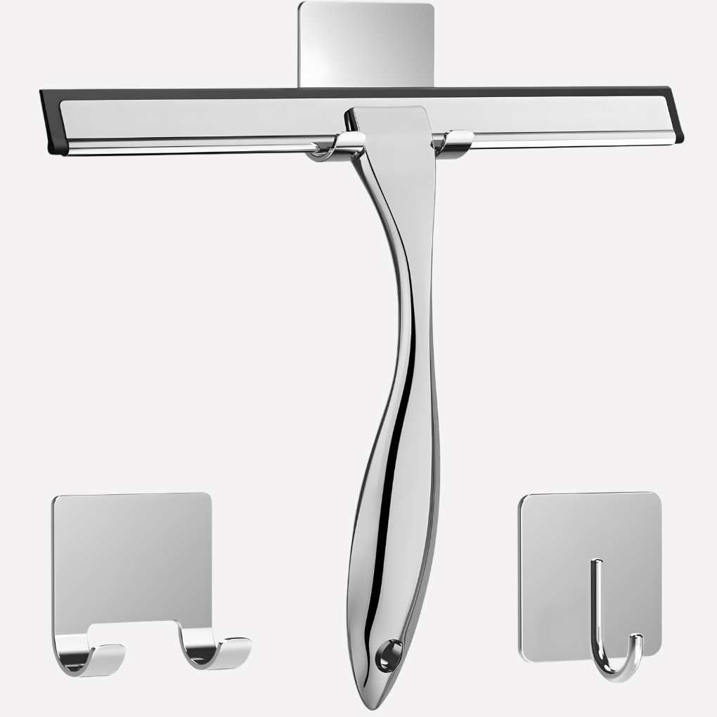 Premium stainless steel shower squeegee, a home essential for spotless bathroom glass, mirrors & wall tiles.