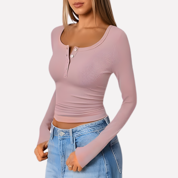 Women's ribbed long sleeve henley top, an essential piece for comfortable and stylish fall outfits.