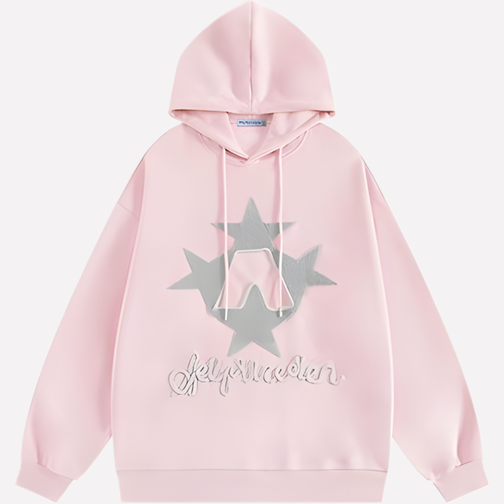 Streetwear inspired oversized women's hoodie with a bold star graphic. Relaxed fit pullover, long sleeve.