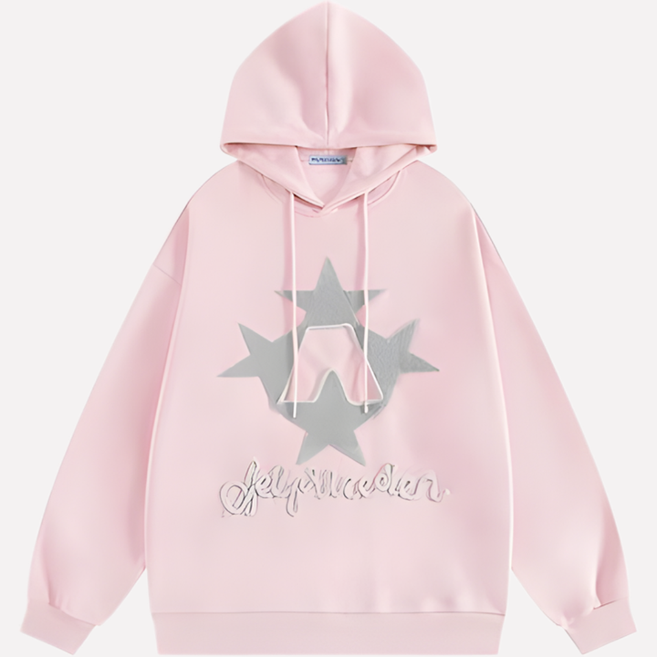 Streetwear inspired oversized women's hoodie with a bold star graphic. Relaxed fit pullover, long sleeve.