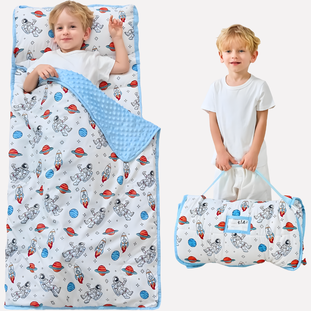 Lightweight toddler nap mat, perfect for preschool & travel. Comes with an attached pillow & blanket.
