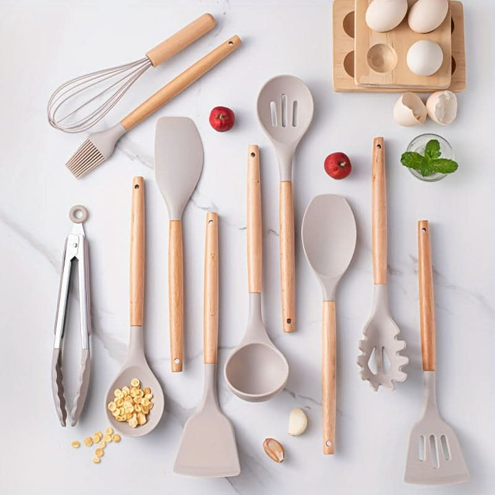 12-piece silicone kitchen utensil set with wooden handles, ideal for cooking & baking.