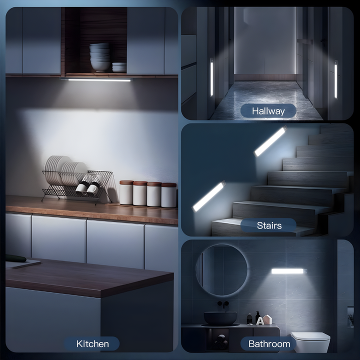Smart under-cabinet motion sensor LED light. Wireless, magnetic, rechargeable for kitchen, closet, or stairway lighting.