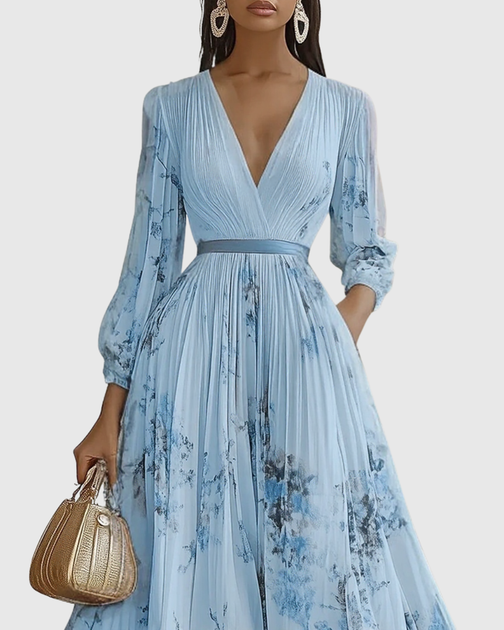 Summer wedding guest maxi dress for women, featuring a sophisticated pleated V-neck design.