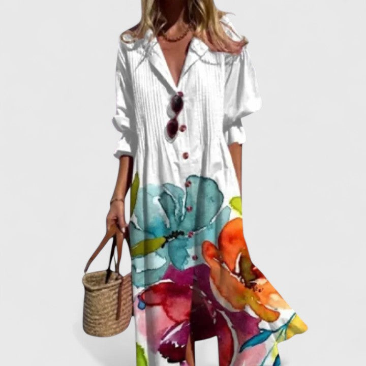 Elegant women's bohemian floral print long sleeve maxi dress, perfect for casual summer style.